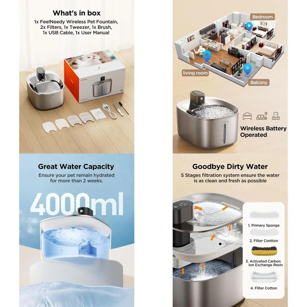 

Автоматический фонтанчик для воды для животных из нержавеющей стали с датчиком, аккумулятор 4000 мАч, емкость 4 л/135 унций для кошек и собак, ультратихий, с двумя фонтанчиками