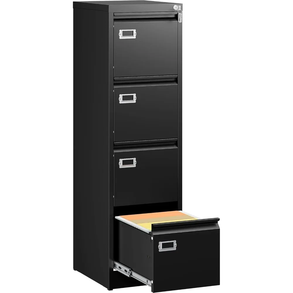 

4 Drawer File Cabinet with Lock and Tag,Black Vertical File Cabinet,Narrow Locking Filing Cabinet w/Smooth-Glide Drawers & Unive