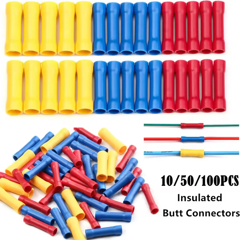 100/10Pcs Assorted Butt Connector Insulated Crimp Terminals Electrical Cable Wire Connectors BV1.25 BV2.5 BV5.5 Car Accessories