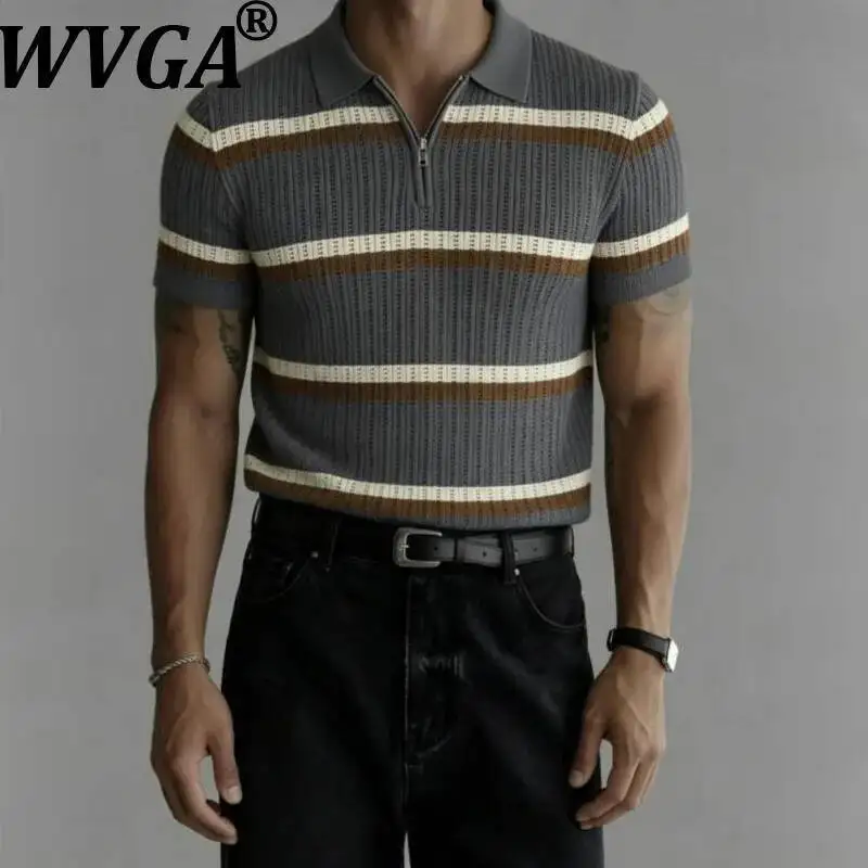 WVGA Summer New Men Korean Style Hollowed Out Ice Silk Turn-down Collar Knitted Short Sleeve Shirt Stripes Ncihe Chic Top W24239