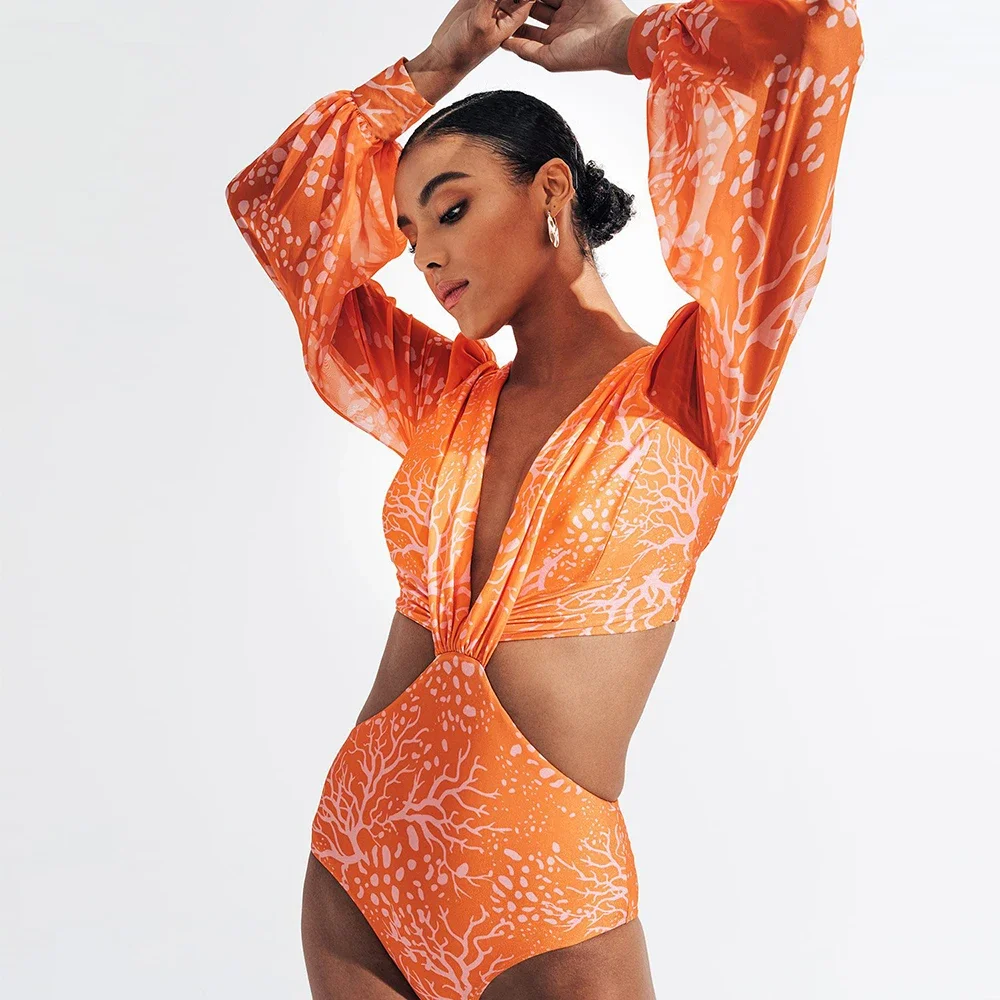 Plunge Long Sleeve Swimwear Women Sexy Orange Print V-Neck Backless Lace Up One Piece Cut Out Lantern Sleeve Swimsuit Monokinis