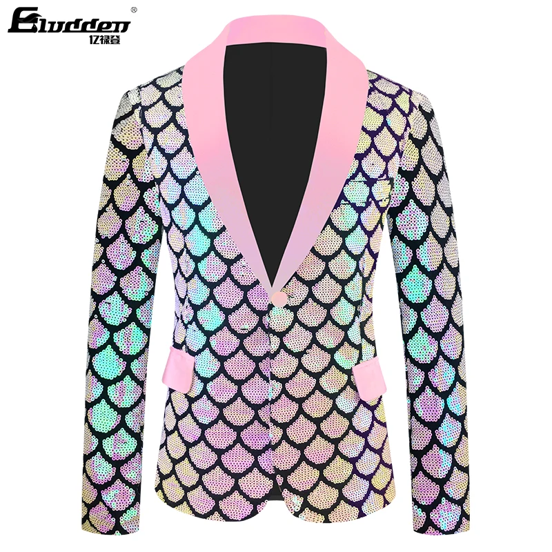 Fish scale Sequins Fashion Purple Colorful Velvet Sequins Blazer Masculino Men Suit Jacket Stage Singer Costume Shiny Blazers