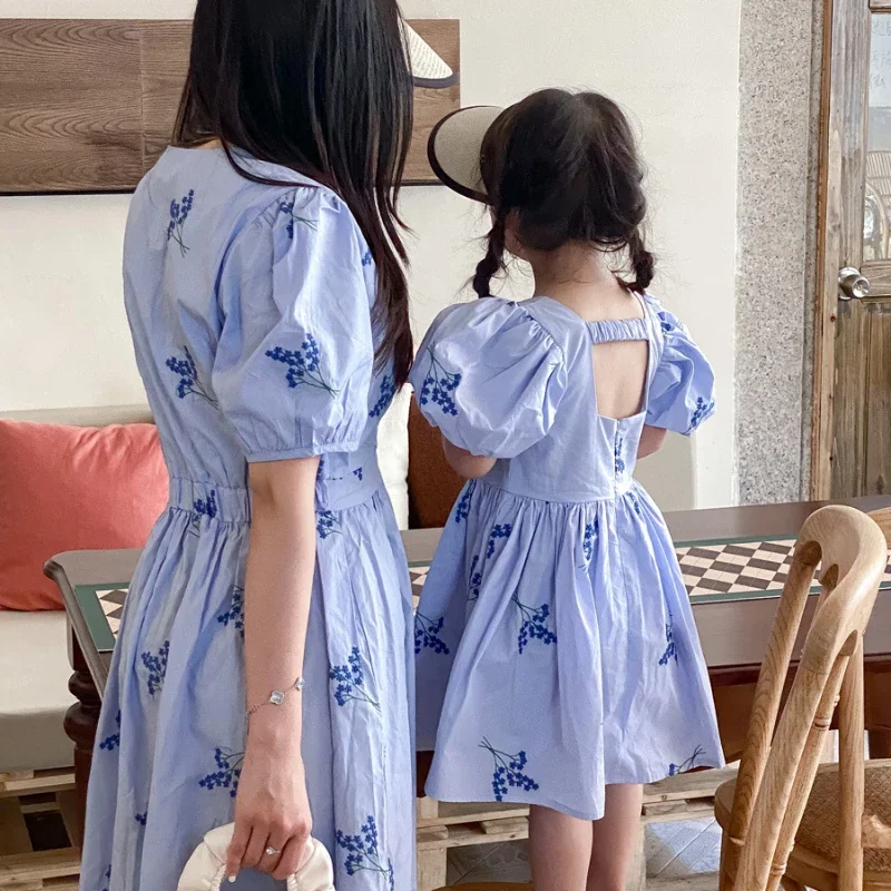 Mom and Baby Girl Princess Dress Like Mother Like Daughter Dresses Elegant and Pretty Same for Women\'s Blue Short Sleeve Frocks