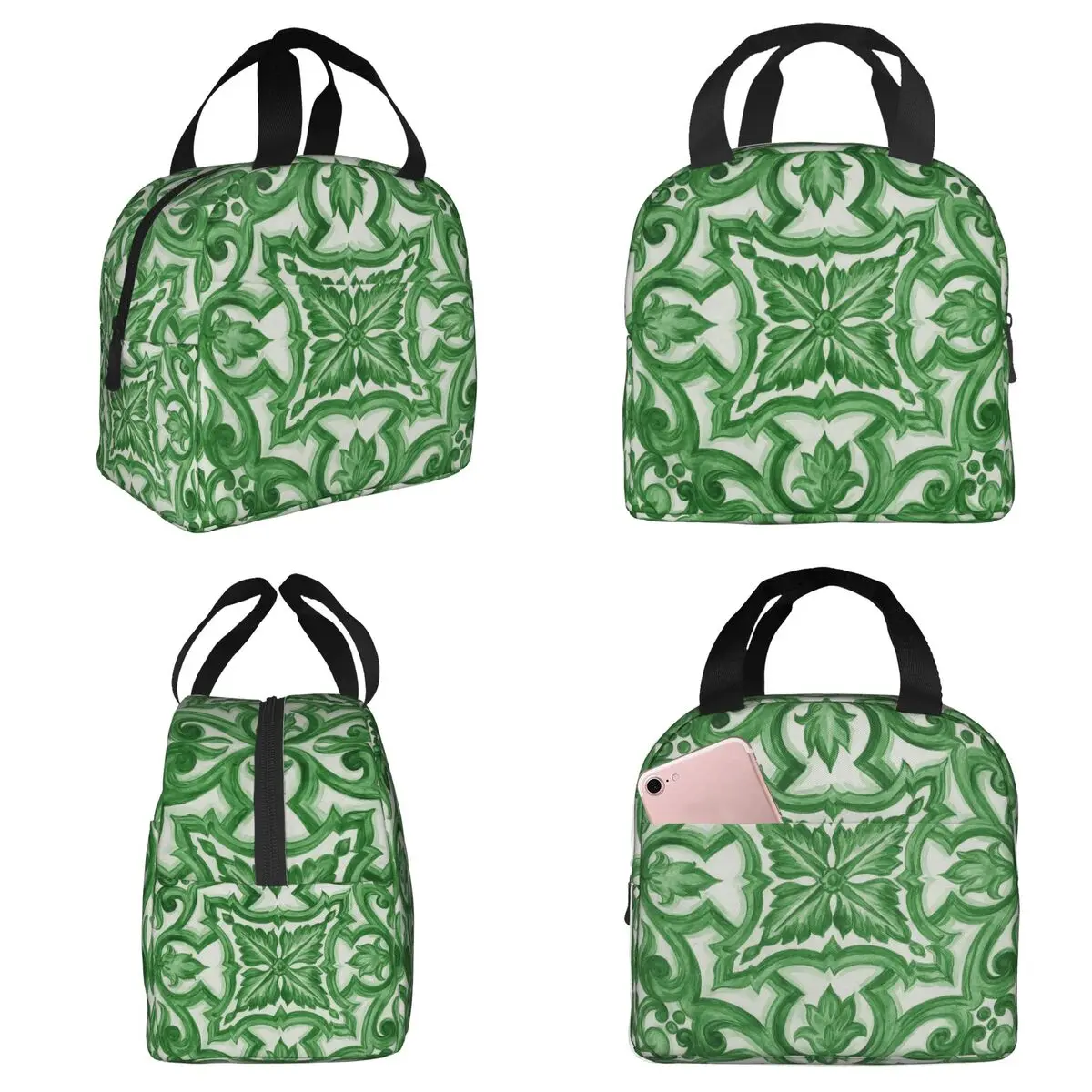 Isolierte Lunchtasche mit grünen, verzierten, floralen, mediterranen, sizilianischen Fliesenmuster für Damen, Büro-Kühltasche, Thermo-Lebensmittelbox, Tragetasche, Lunchboxen