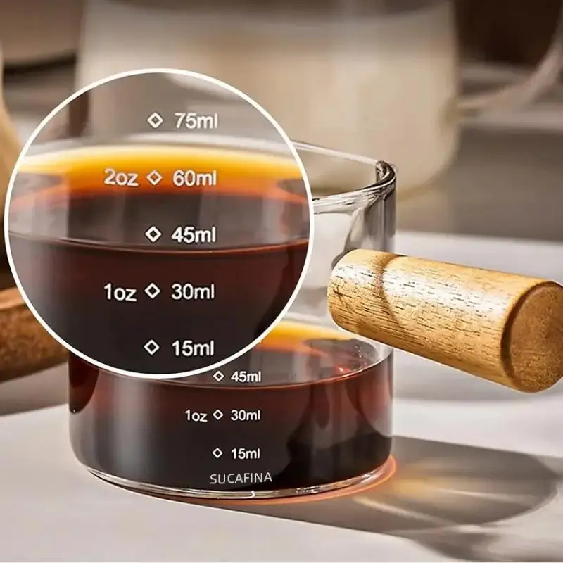 New Glass Measuring Cup With Wood Handle Glass Espresso Measuring Cup Double Single Mouth Milk Coffee Clear Mug Coffee Supplies