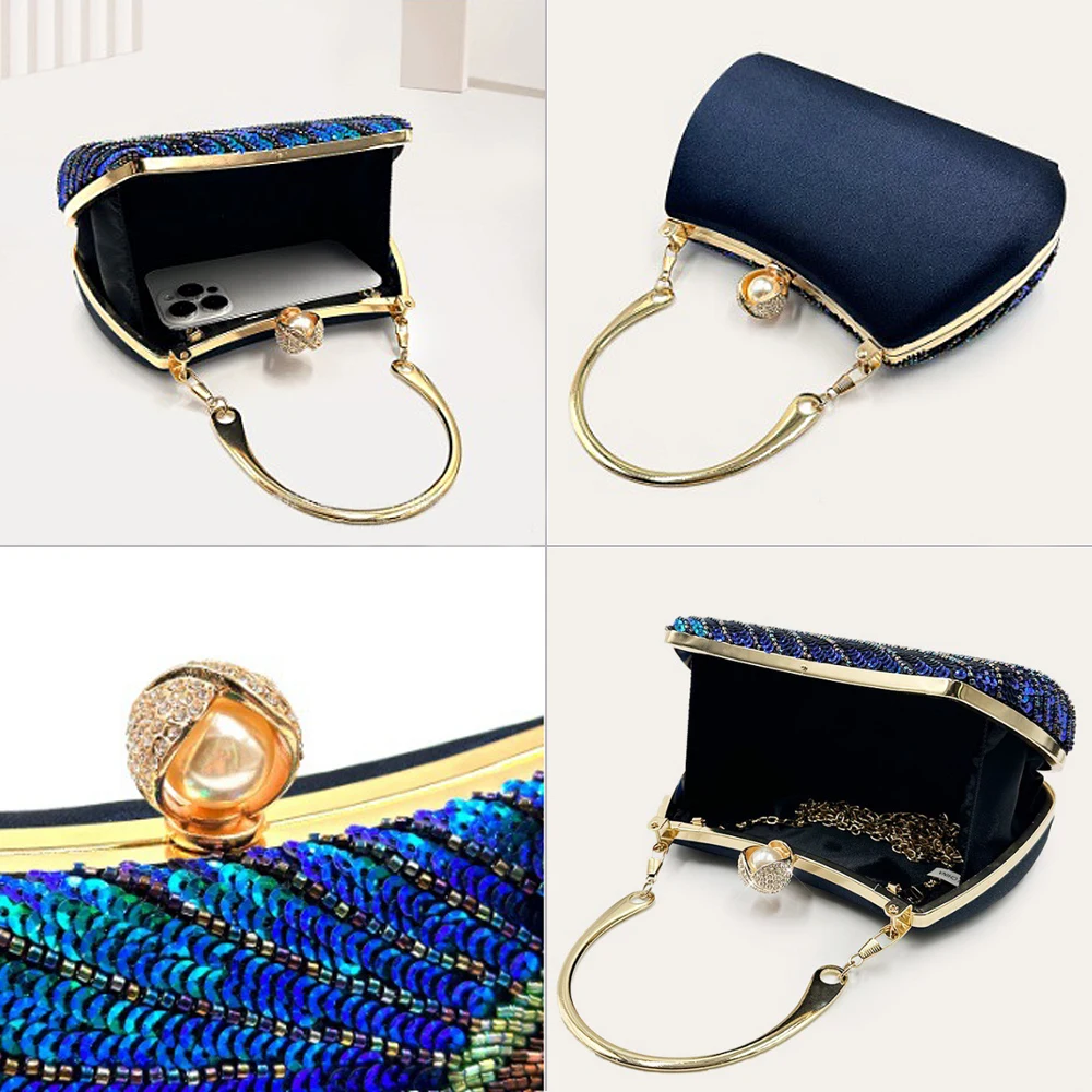 Sequin Peacock Evening Clutch Bags Vintage Evening Bag Handbag Purses Shoulder Crossbody Bag for Wedding Cocktail Party Formal