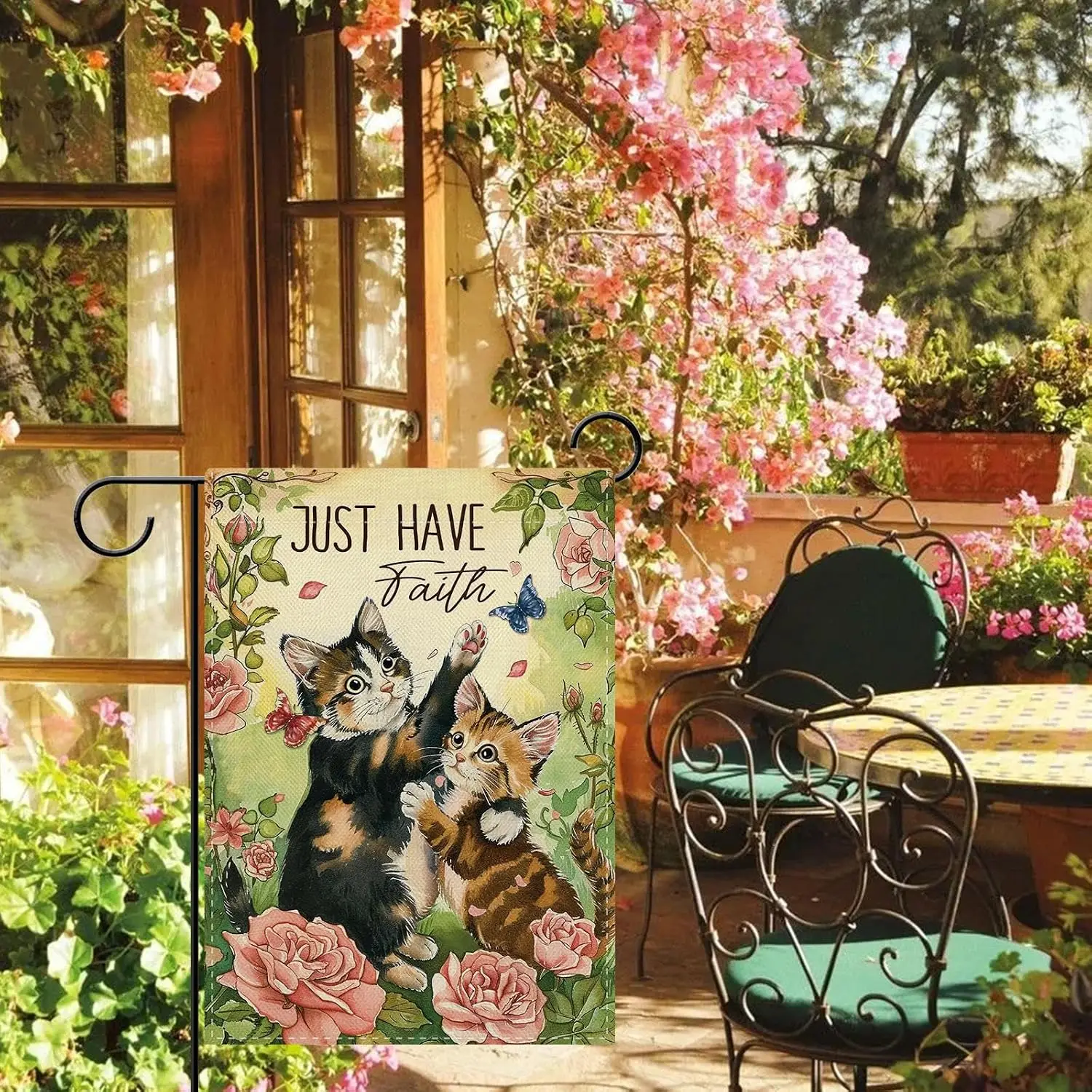 Dyrenson Inspirational Cat Floral Decorative Garden Flag, Christian Just Have Faith Pet Rose Flower Yard Outside Home Decora PPZ