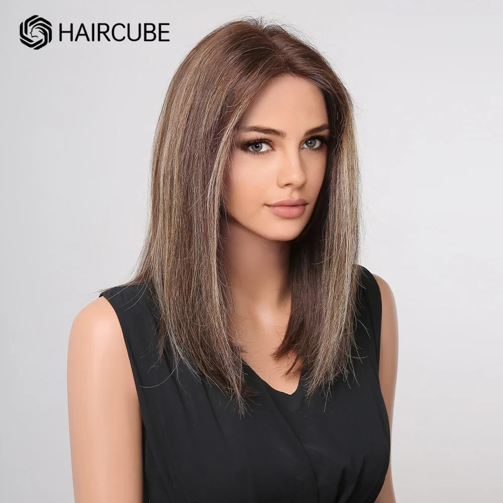 HAIRCUBE Dunkelbraun Bob Spitze Vorne Menschenhaar Perücke mit Blonden Highlights Schulter Länge Lob Frisur Remy Haar Perücken für frauen