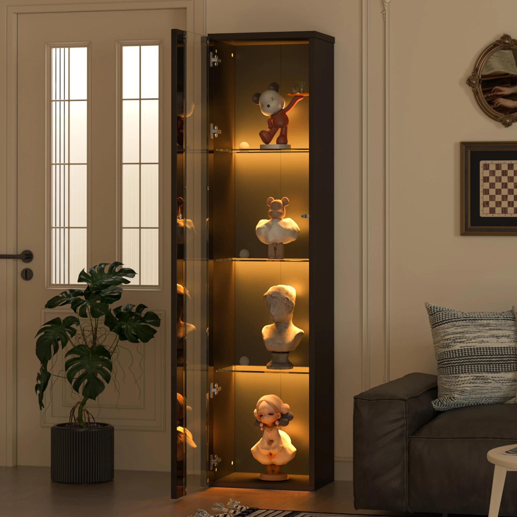 Vitrine à 4 niveaux avec éclairage LED réglable et cloison transparente, stable, pour salon/bureau, en aggloméré noir