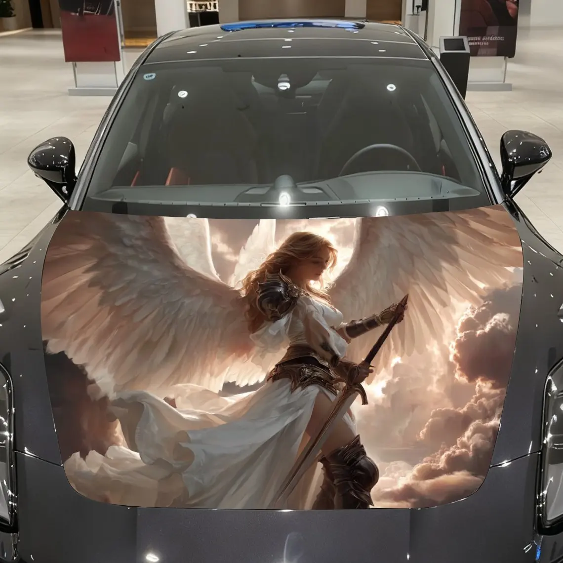 

White Winged Warrior Car Hood Vinyl Packaging-waterproof, Scratch Resistant, Self-adhesive Sticker, Red And Black Design, Durabl