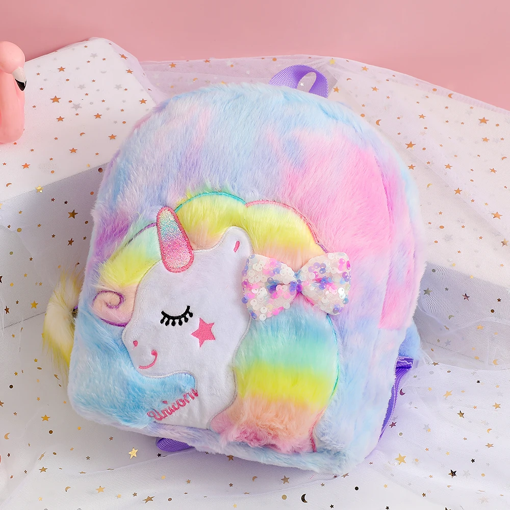 Unicorn Tie Dyed Cartoon Plush Backpack Large capacity children\'s bag Cute Bow Knot Kindergarten Schoolbag Girl