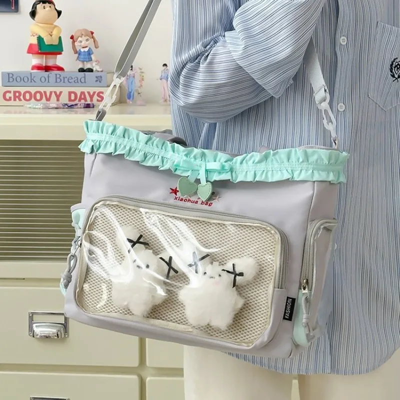 

Richme Lolita Women Ita Bags Solid Nylon Large Capacity DIY Anime Badge Tote Bolso Mujer Dopamine Ruched Crossbody Shoulder Bag