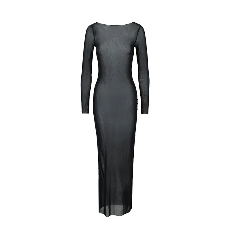 فستان نسائي بقماش شفاف بلون سادة ورقبة قارب وأكمام طويلة فستان طويل شفاف من خلال فساتين غطاء نادي الشاطئ المثير