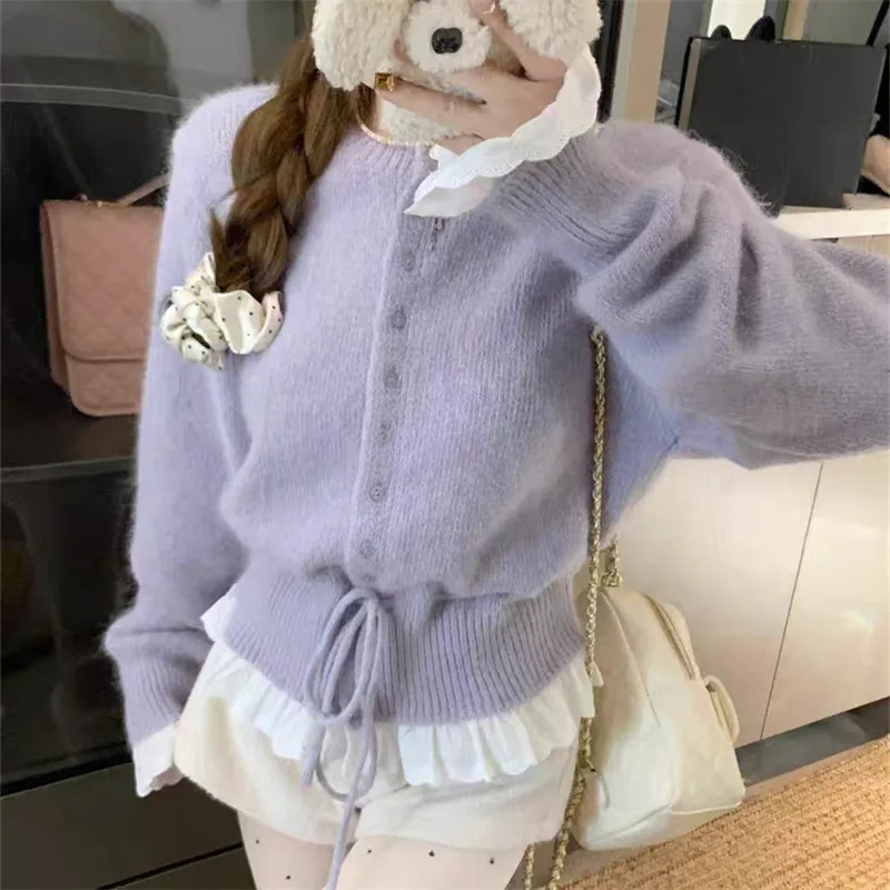 

Women spring autumn Mesh splicing fake two pieces Knitted Sweater Short Cardigan jacket Loose Crew Neck korean casual Sweaters