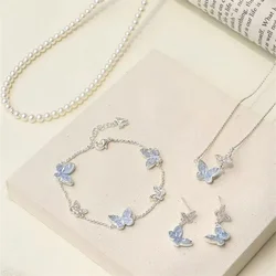Light Luxury Crystal Butterfly Earring Bracelet for Women Elegant Imitation Pearl Choker Necklace Ring Party Wedding Jewelry Set