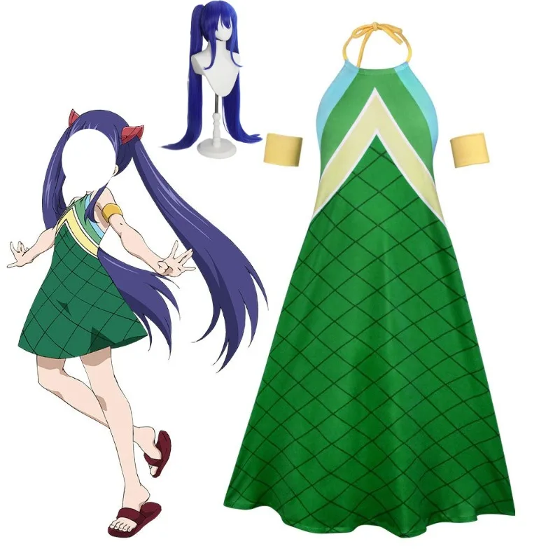 Costume de cosplay Anime Wendy Marvell, robe verte à écailles de dragon, perruque, ensemble pour femmes et filles, pour Halloween, fête, performance
