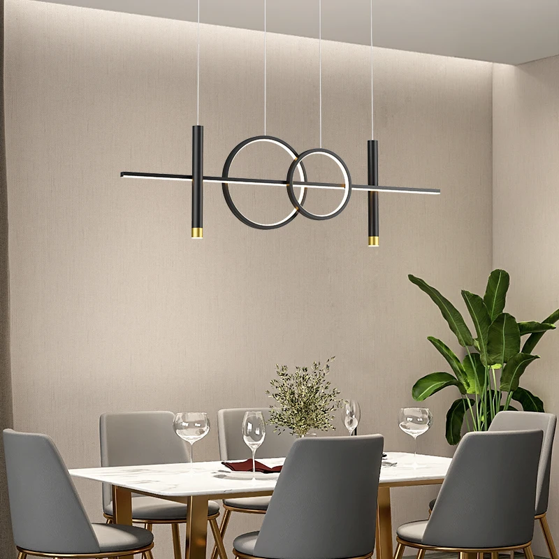 

Designer Restaurant Bar Chandelier Creative Horizontal Strip Double Ring Modern Minimalist Dining Table Minimalist Black Chandel