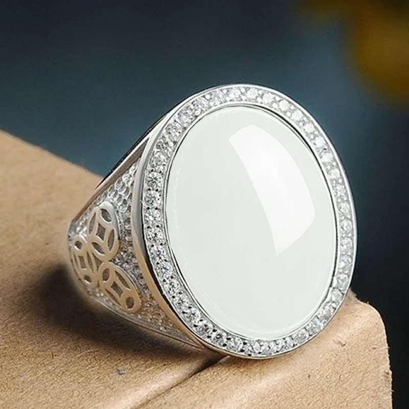 Top Grade Jade Oval Ring For Men Jewelry 925 Sterling Silver Men Wedding Ring With Shining Stones Hollow Coin Finger Accessories