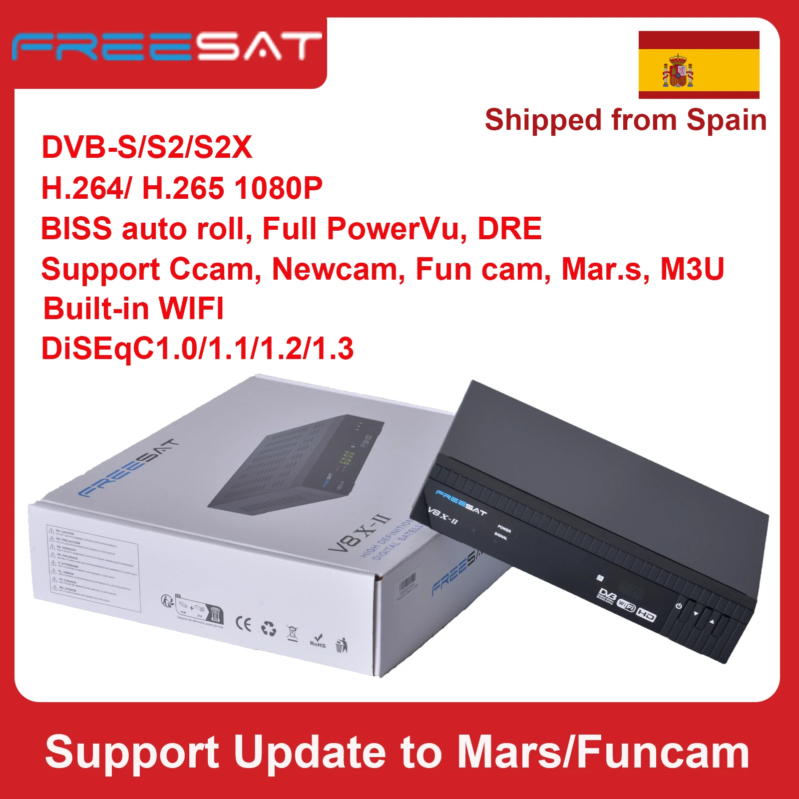 FREESAT V8X2 Satellite Receiver DVB-S/S2/S2X 1080P HD 2.4G WIFI H.265 HEVC 10bit TV Decoder MARS/ECAM CA Card TV Box Receiver