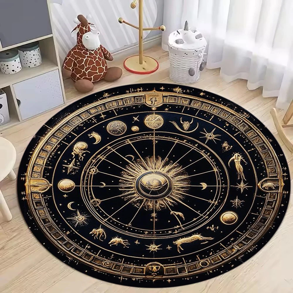 Schwarzgoldener Himmlischer Runder Teppich mit Sonne, Mond, Sternen und Sternzeichen-Muster, Mystischer Bohemian-Stil Teppich für Wohnungsdekoration