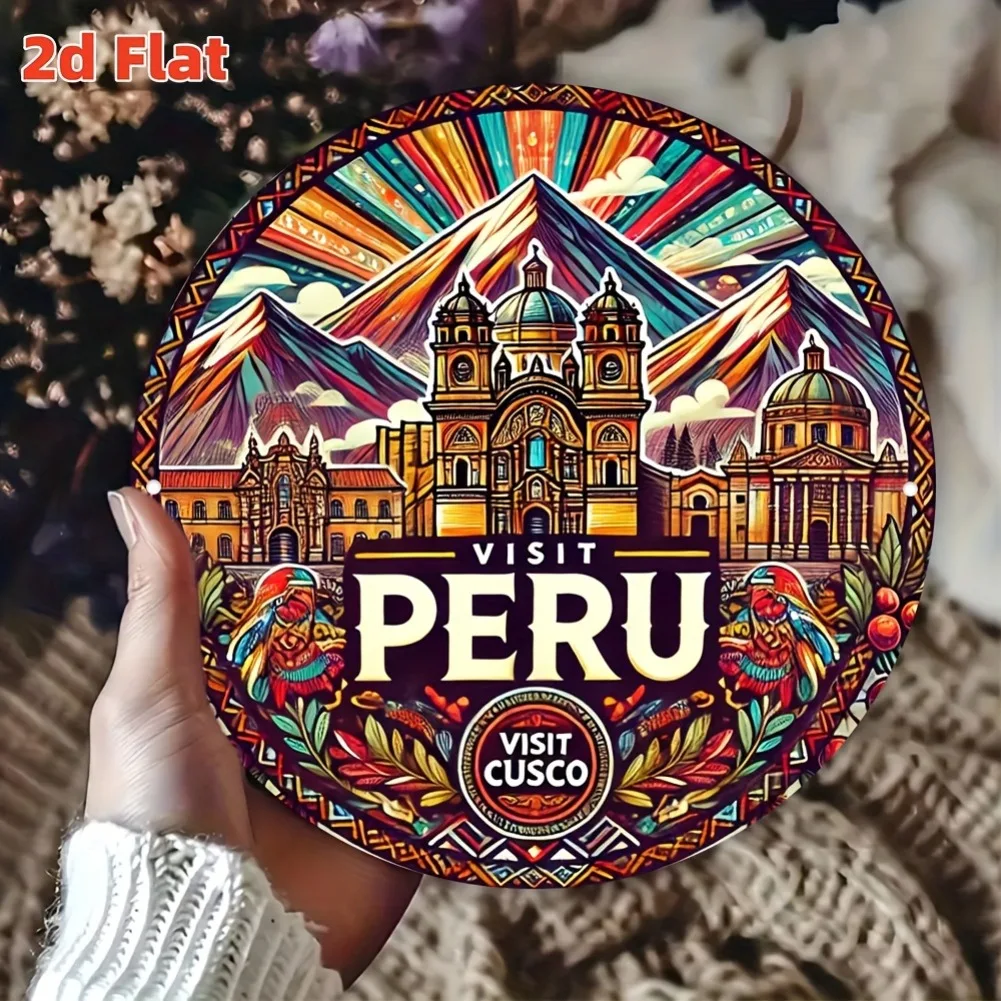 لوحة فنية جدارية معدنية مسطحة ثنائية الأبعاد لمدينة بيرو كوسكو - زخرفة ثقافية أنندية مستديرة مقاس 7.8 بوصة معبد ماتشو بيتشو وإنكا للشمس