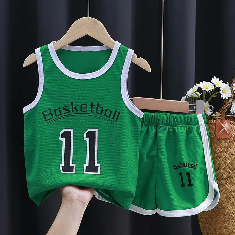 Nieuwe Zomer Sport Basketbal Kleding Jongens T-Shirt Pak Kid Meisjes Mode Vrije Tijd Mouwloos Baby Vest + Broek 2 Stuks Sets