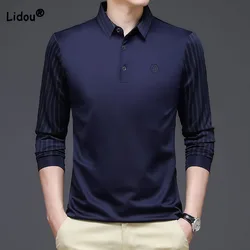 Autumn Business Casual Polo-Neck Spliced Shirt Male Clothes Simplicity Fashion Long Sleeve Fake Two Pieces Tops Male Clothes