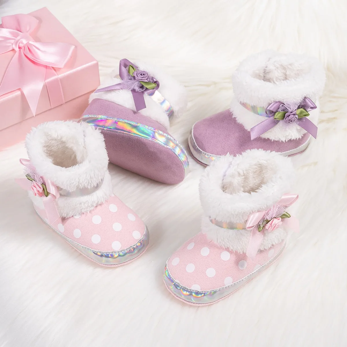 

Winter Snow Boots Baby Booties Warm Fluff Indoor Cottton Soft Rubber Flower Bow Newborn First Walkers Toddler Baby Shoes 0-18M