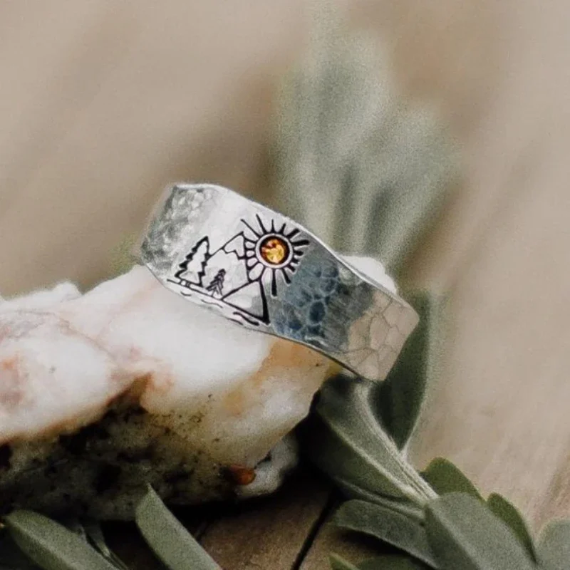 Vintage Ring Forest Mountain Sunset Nature Landscape Carved Ring for Women Men Open Adjustable Jewelry Couple Rings Dropship