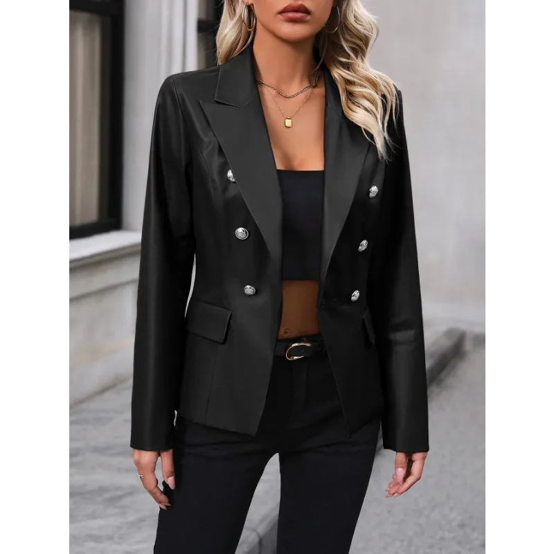 Autumn Women Clothing Double-breasted Blazer Leather Jacket Chic Streetwear PU Leather Motorcycle Jacket Slim Coats Long Sleeve