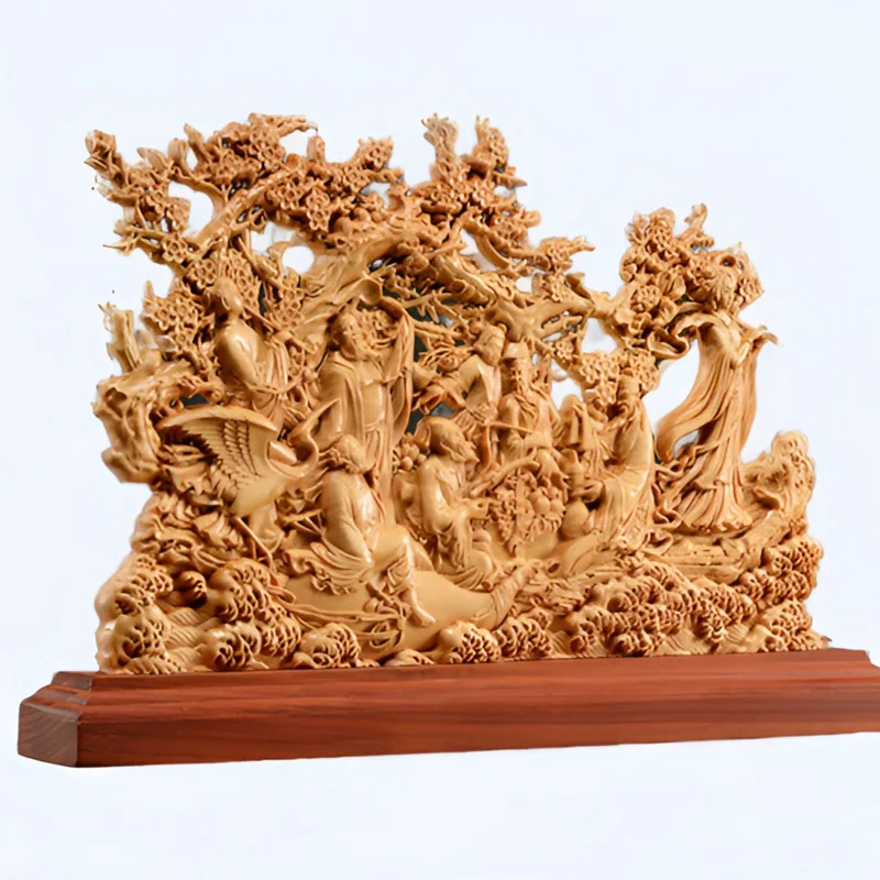 Exquisite Cliff Cypress Wood Carving Eight Immortals Crossing the Sea Statue Ornament Home Feng Shui Auspicious Decor Craft