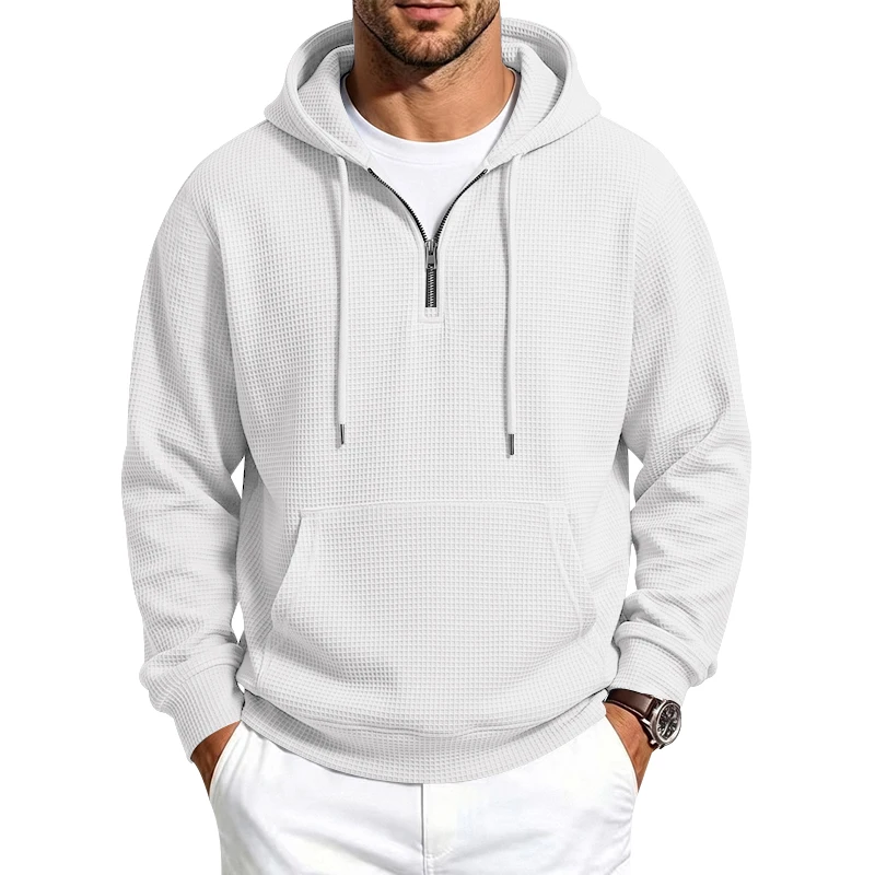 Herren Frühling und Herbst Einteiliger Waffel-Strick 1/4 Reißverschluss Lässiger Loser Kapuzenpullover, Geeignet für den Täglichen Gebrauch – Detail 3
