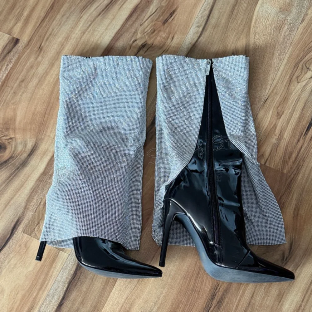 Zwarte Zijrits Lakleer Laarzen Puntschoen Vrouwen Schoenen Dunne Hoge Hakken Party Banket Dating 2025, Zapatos Para Mujere