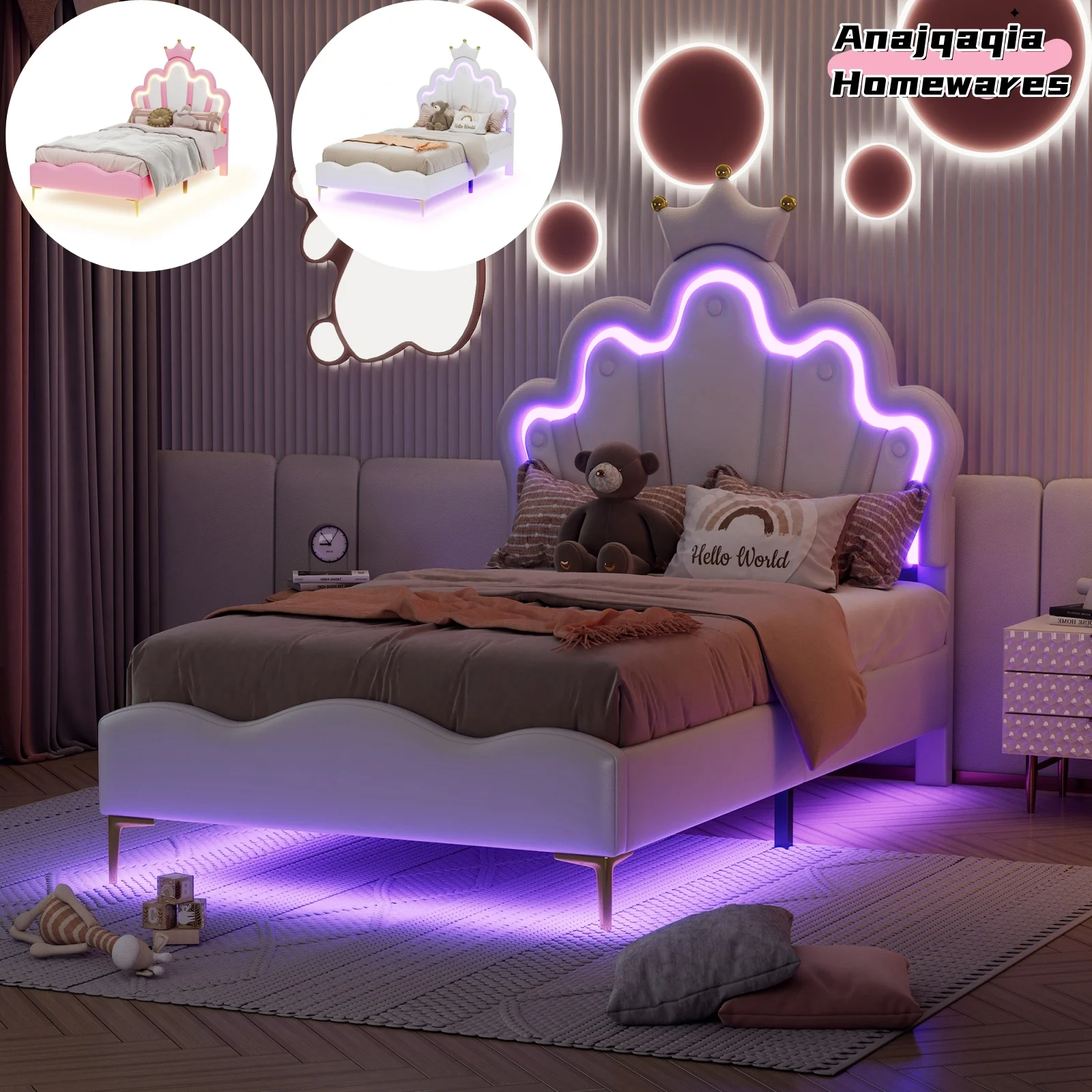 Anajqaqia Lit simple pour enfant 90×200 cm, lit de princesse, tête de lit en forme de couronne et sommier à lattes, avec lumières LED, meubles de chambre à coucher