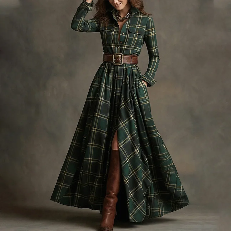 Abito lungo con stampa a quadretti retrò Donna Elegante colletto rovesciato Abito lungo con bottoni Abito Boho con tasca a maniche lunghe primaverili