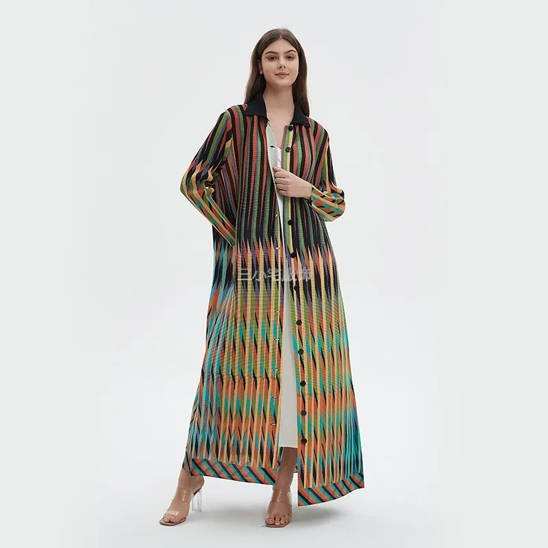 2024 Summer New Fashionable Polo Collar Single Breasted Long Coat Dress Loose Plus Size Diamond Printed Pleated Windbreaker Robe