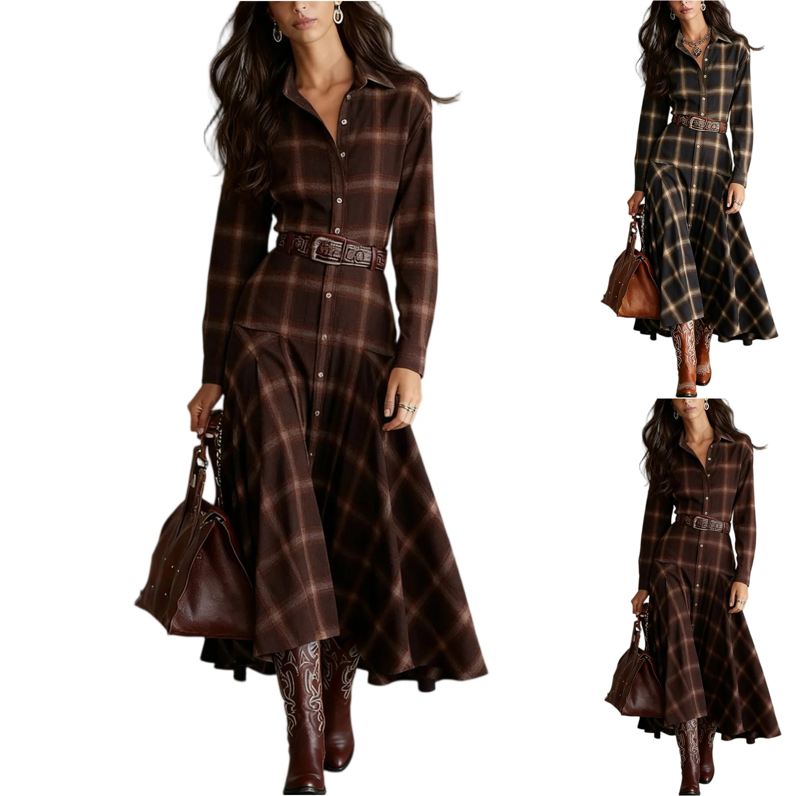 Women Vintage Plaid Shirt Dress Long Sleeve Elegant Temperament Maxi Dress Ladies Chic Casual Western Style Party Dress