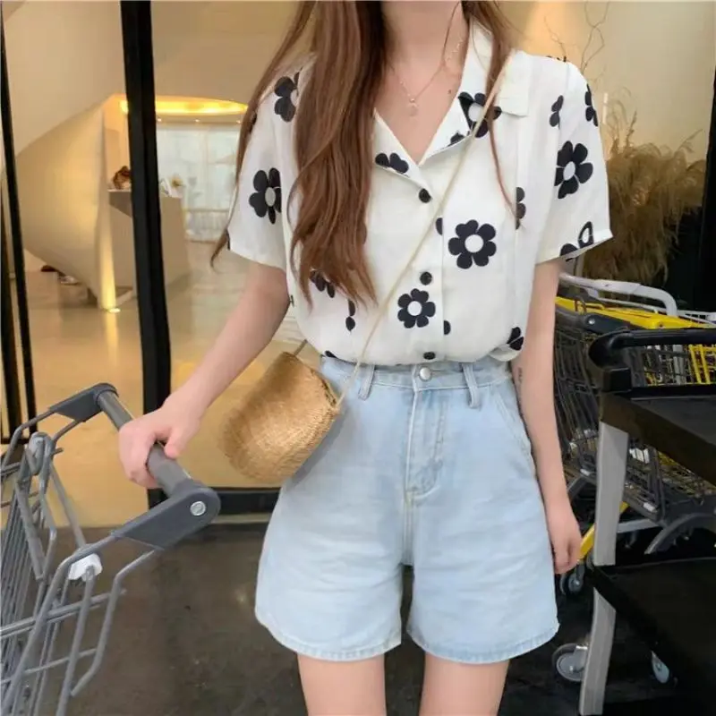 Women Summer Korean Fashion Loose Printing Polo-Neck Short Sleeve Appear Thin Shirts Women Clothes Casual All-match Floral Tops