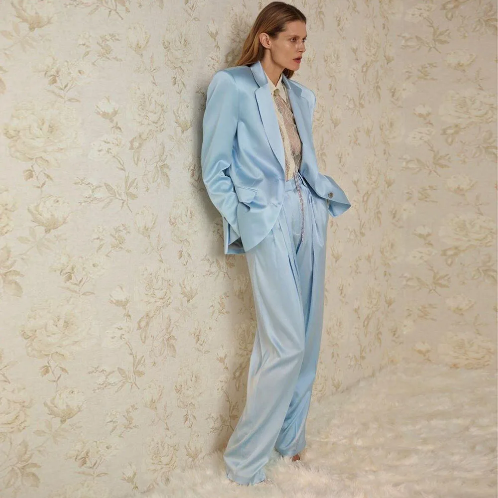 Light Blue Women Suits High Quality 2 Pieces Jacket Pant Notch Collar Formal Occasion Customize Single Breasted Female Gowns