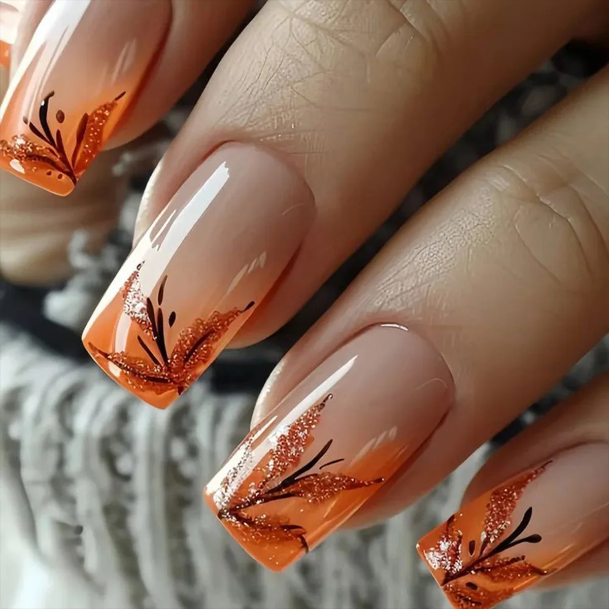

24pcs French Red Brown Gradient French Leaves Press on Nail Square Artificial Fake Nails Seamless Removable False Nail