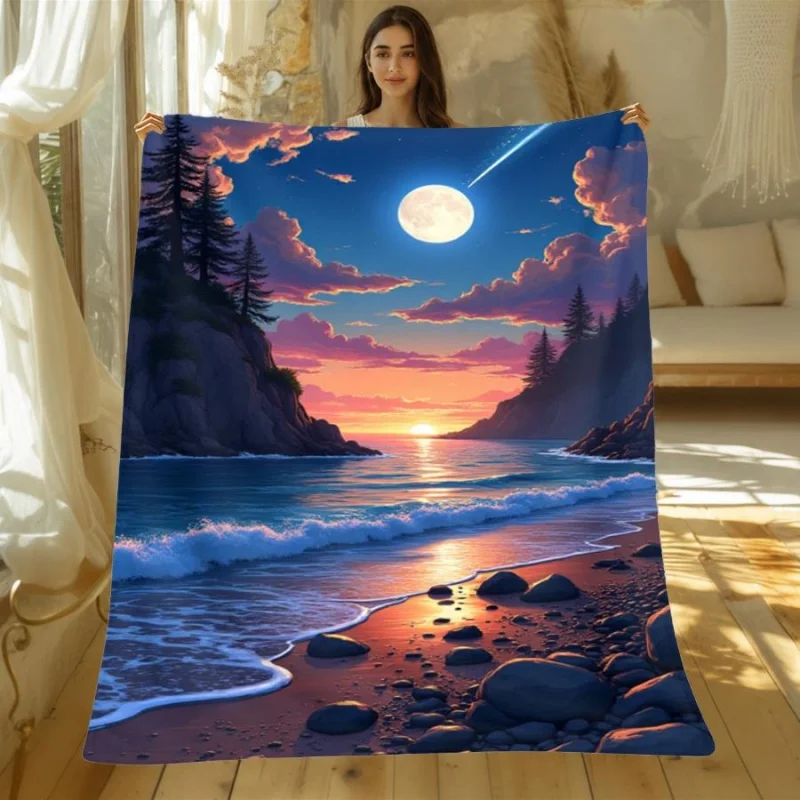 Full Golden Super Moon Ocean Sea Reflection Night Landscape Flannel Blanket,Seascape Moonlight Scenic Blanket for Living Room