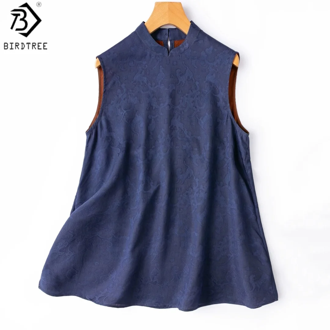 Birdtree, 100% Silk Jacquard Blouse, Stand Collar Sleeveless Top, Women Floral Luo Xiangyunsha Shirt, 2026 Autumn New T67715JF