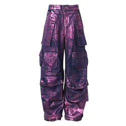 Pantalones vaqueros de bronce púrpura de lujo para mujer, leggings dorados, ingeniería, venta al por mayor, pantalones lavados, nuevos pantalones vaqueros holgados