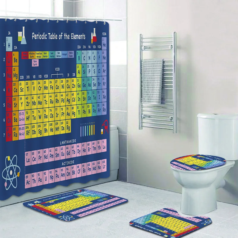 3D Chemistry Periodic Table of the Elements Shower Curtain Set for Bathroom Teen School Education Bath Mats Rugs Bathtub Decor