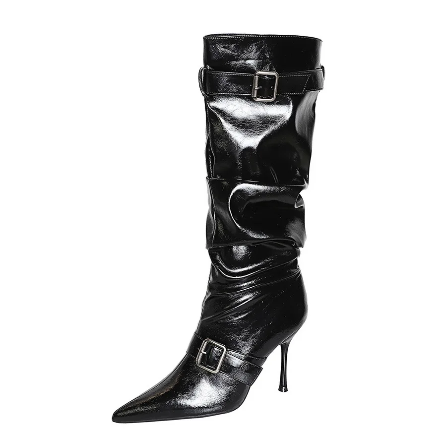 Mid Calf Boots Point Toe Vibrant Cyan Designer Pump Women Slouch Leather Pull On Design Contrast Toe Cap Slim Stiletto Footwear