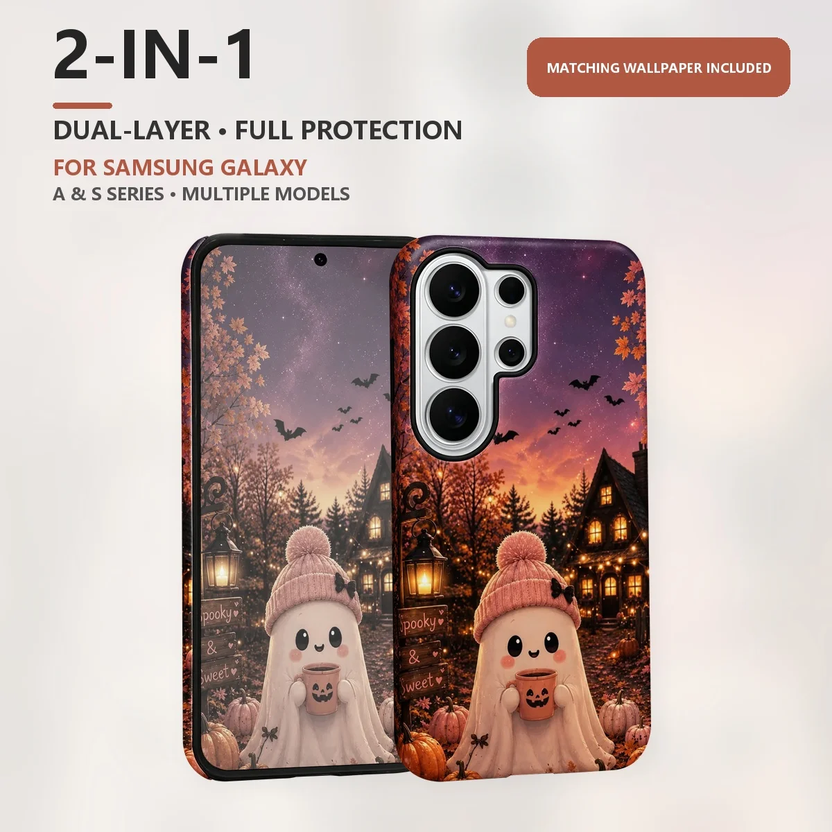 Cute Ghost Halloween 2-in-1 Dual-Layer Phone Case for Samsung Galaxy S26 S25 S24 Plus Ultra FE S20 FE A56 A17 A16 A15