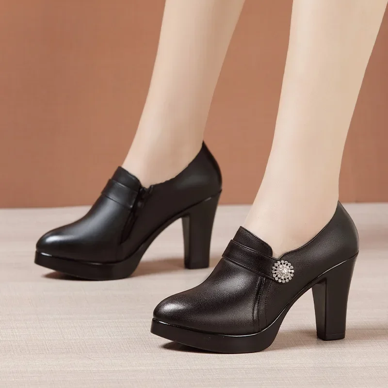 9cm Small Size 32-43 Elegant Deep Mouth Genuine Leather Shoes Thick Bottom Platform Pumps 2026 Fall Block High Heels Shoes Fur