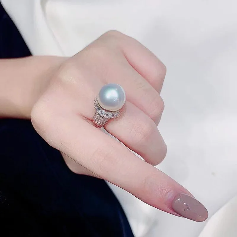 Modne białe duże perłowe pierścionki z cyrkoniami dla kobiet Wspaniałe zaręczynowe obrączki ślubne 925 Sterling Silver Akcesoria Biżuteria — zdjęcie 3