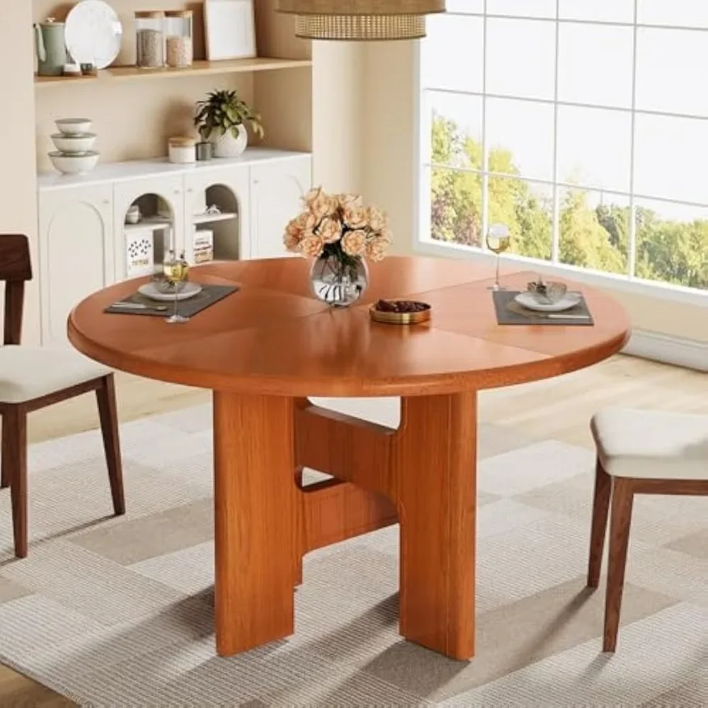 Table de salle à manger ronde de 47 pouces, table de cuisine en bois pour 4-6 personnes, table à manger circulaire moderne avec base croisée, jaune aucun