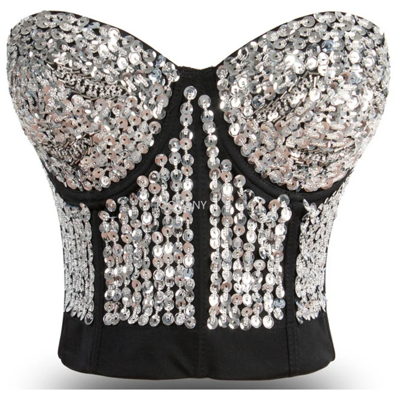 2024 Sexy Women Beading Sequins Studded Brassiere Push Up Bra Sexy Lady Bustier Bras Punk Dancewear Prom Queen Performance Top